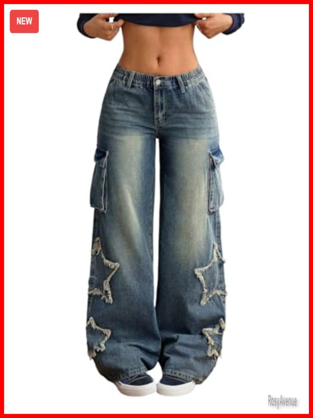 Baggy Cargo Jeans Star Patchwork Raw Hem Wide Leg Low Rise Denim Pants